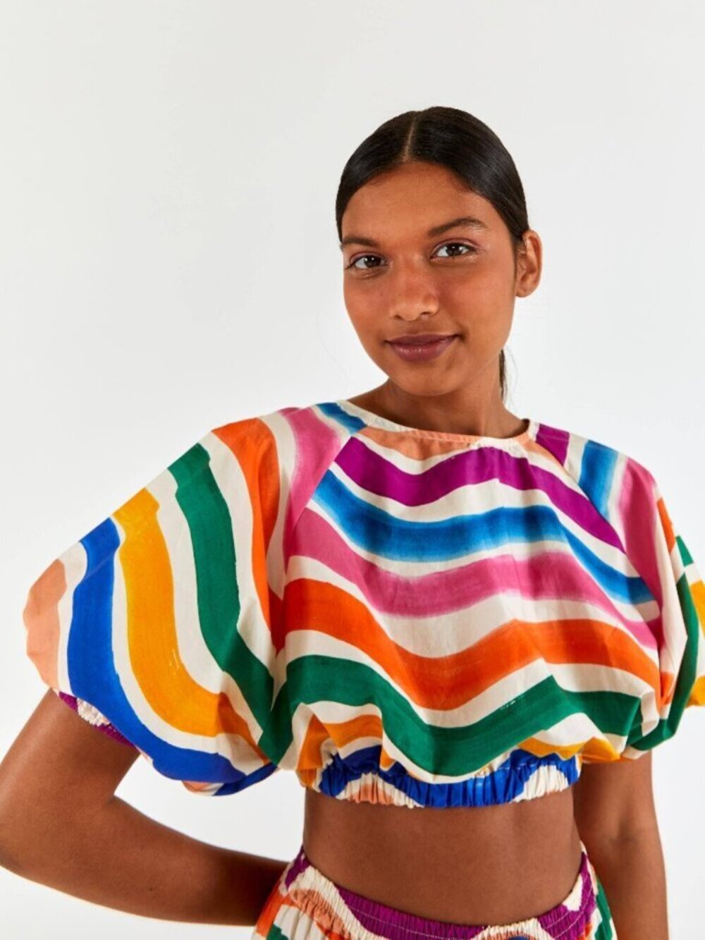 FARM Rio Dancing Stripes Puff Sleeve Crop Top NWOT